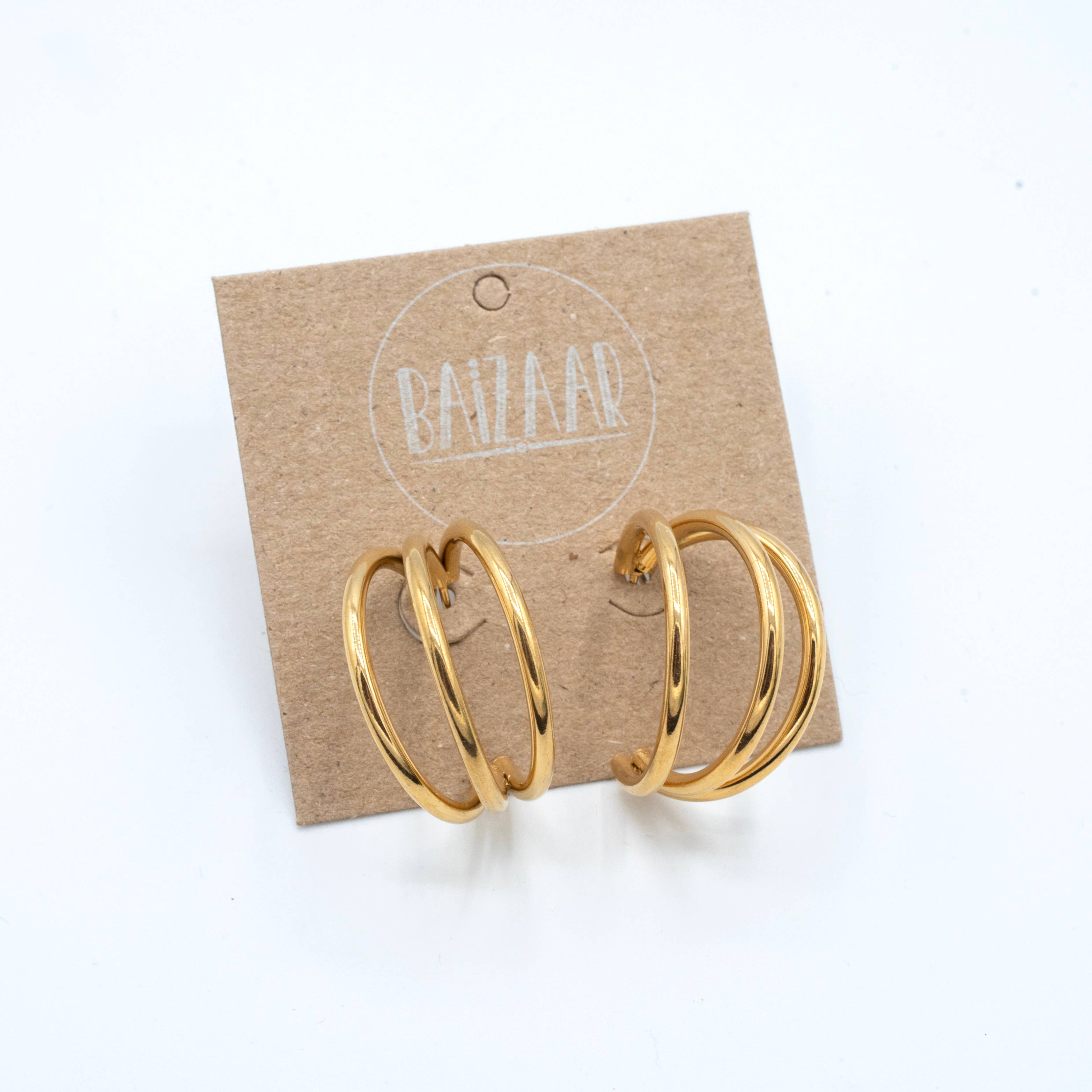 Triple Loop Hoop Earring- Gold Plated & Stainless Steel – Baizaar